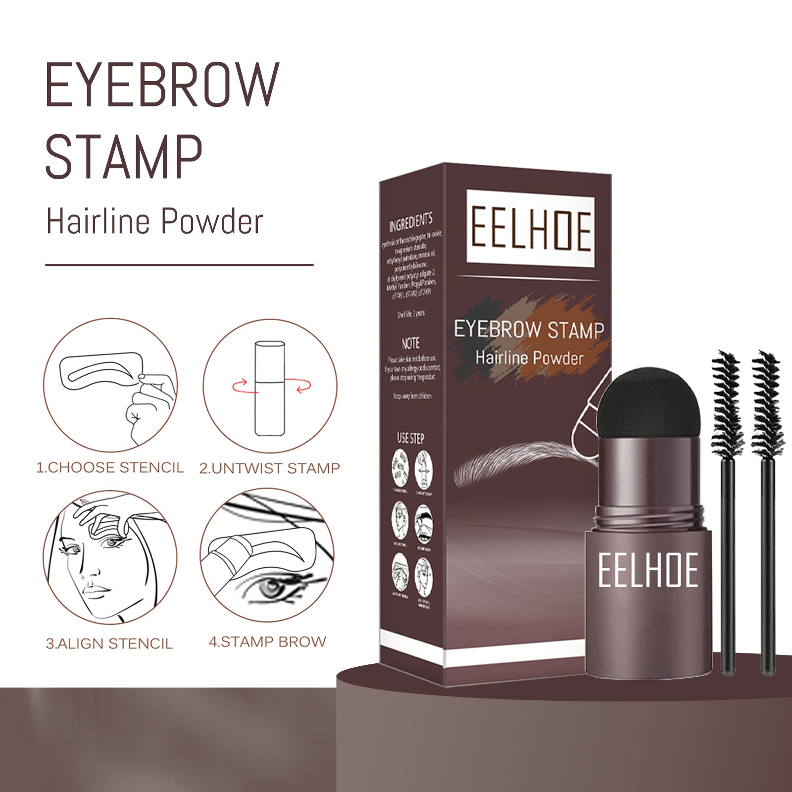 EELHOE Lazy Brow Stamp Kit (Black Box) | Waterproof Brow Powder & Hairline Filler